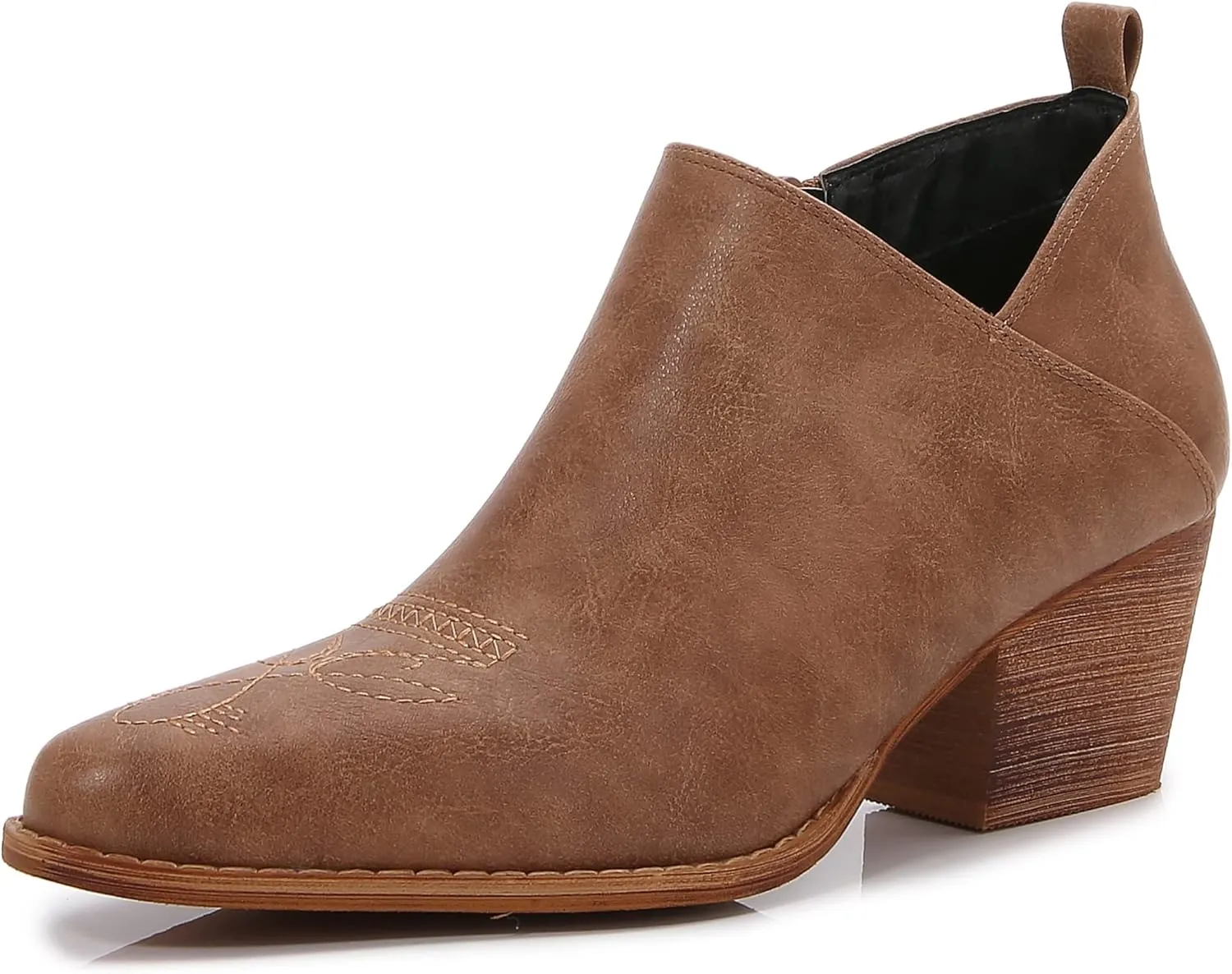 mm Women's Aztec Embroidered PU Faux Leather Wooden Heel Zippered Fashion Ankle Boots Booties