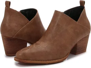 mm Women's Aztec Embroidered PU Faux Leather Wooden Heel Zippered Fashion Ankle Boots Booties