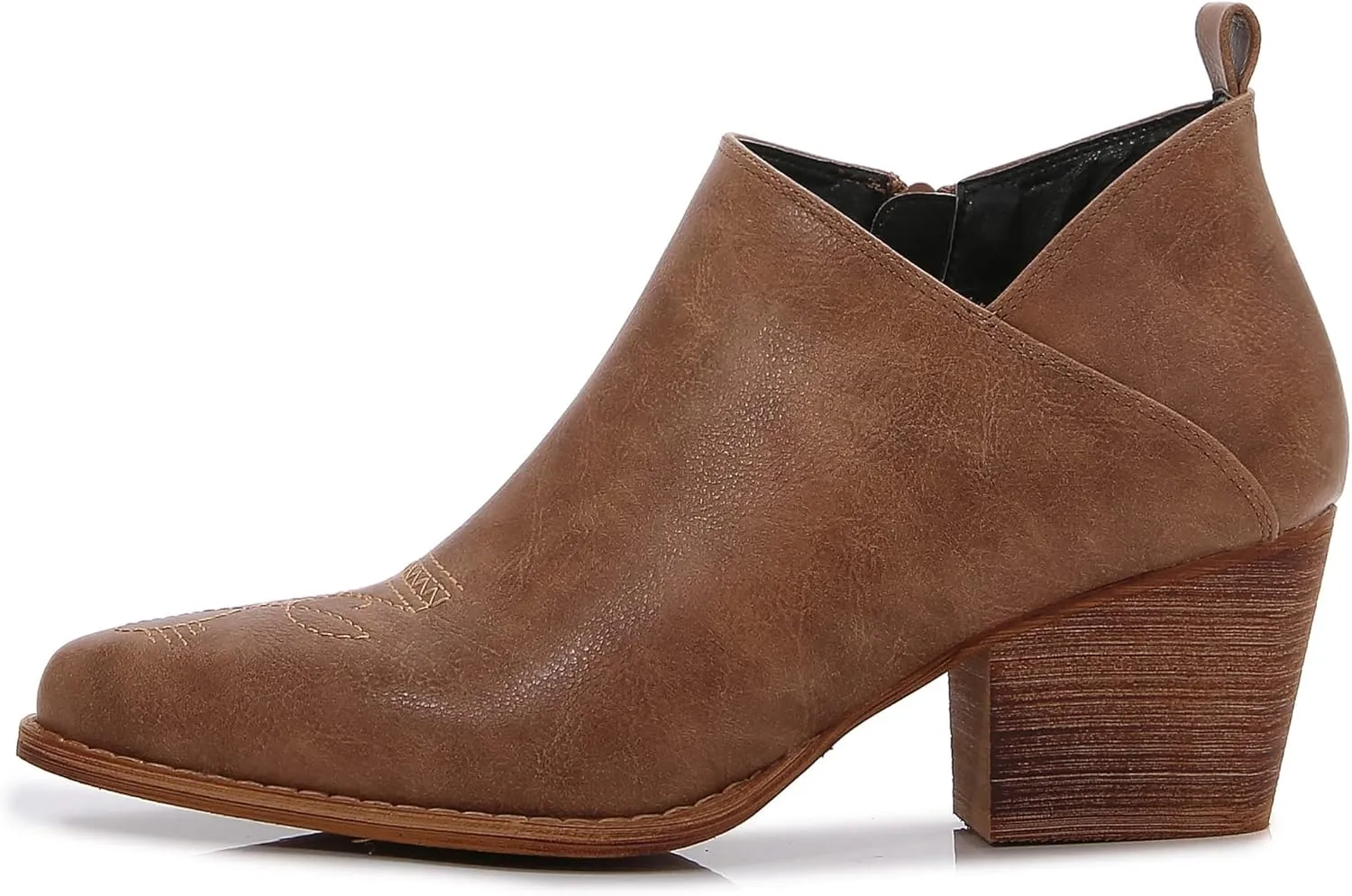 mm Women's Aztec Embroidered PU Faux Leather Wooden Heel Zippered Fashion Ankle Boots Booties