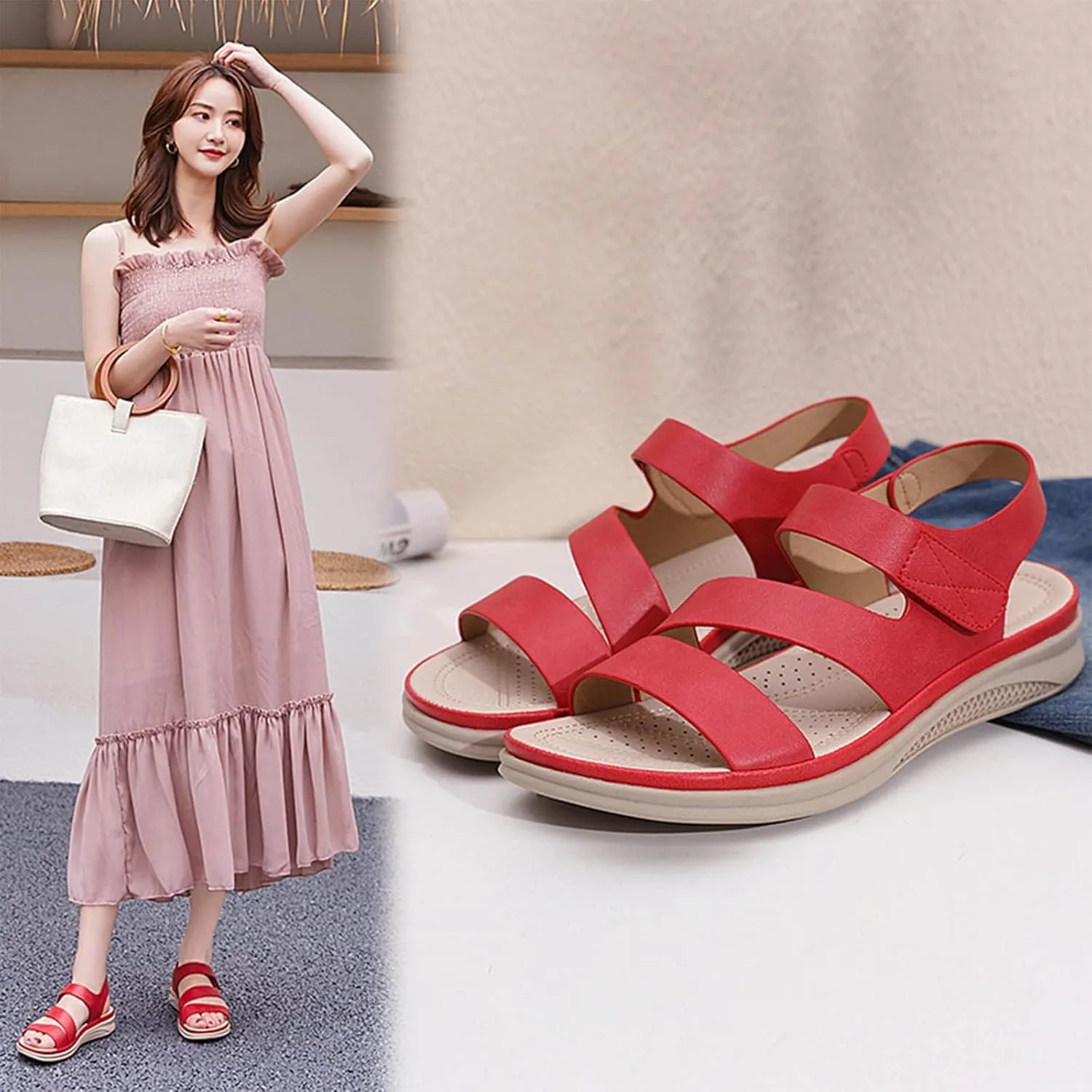 Open Toe Sandals for Women Wedge Summer Casual Round Toe Strap Hook and Loop Sandals Solid Lightweight Comfortable Outdoor Soft Sole Ladies Shoes
