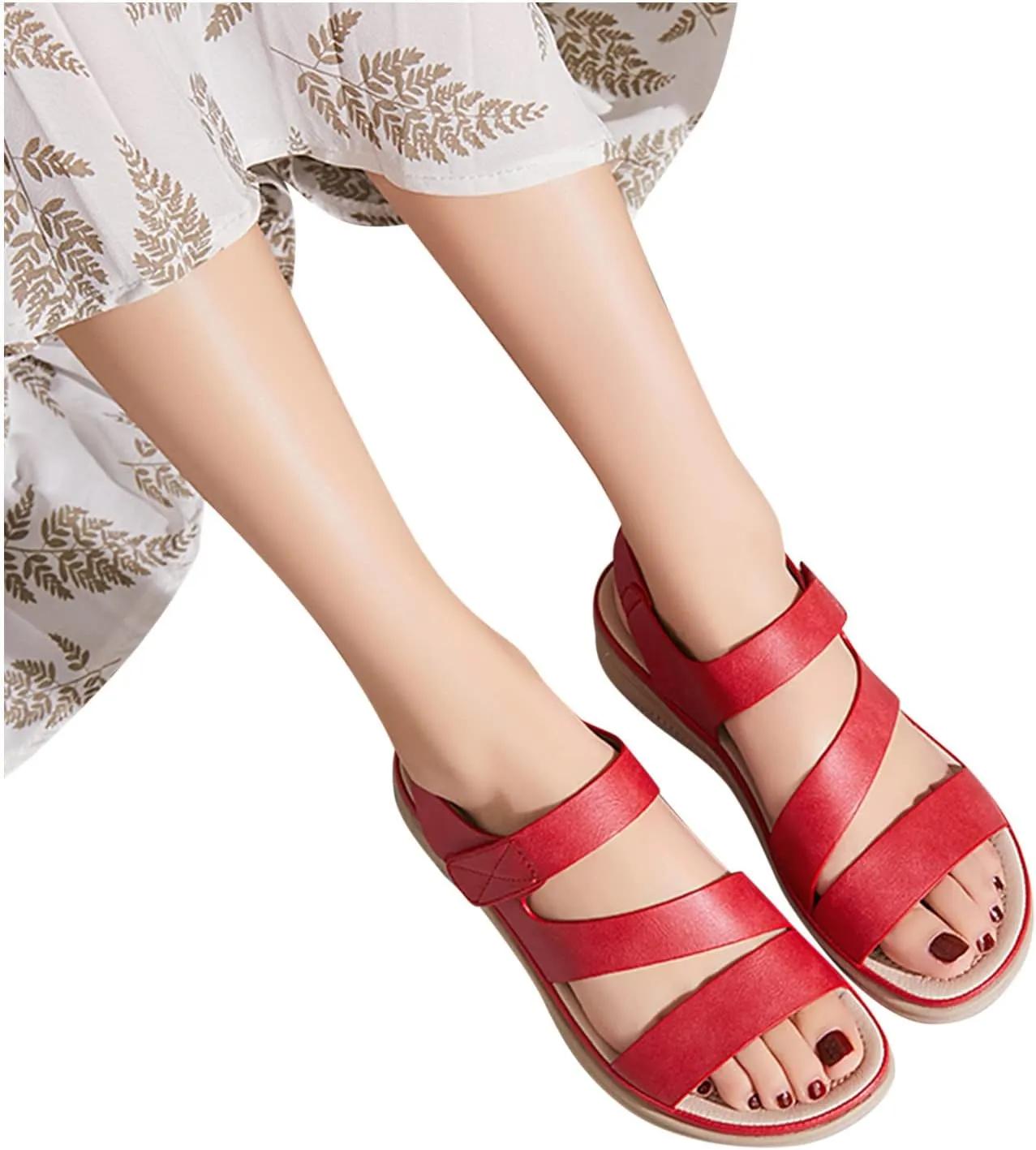 Open Toe Sandals for Women Wedge Summer Casual Round Toe Strap Hook and Loop Sandals Solid Lightweight Comfortable Outdoor Soft Sole Ladies Shoes