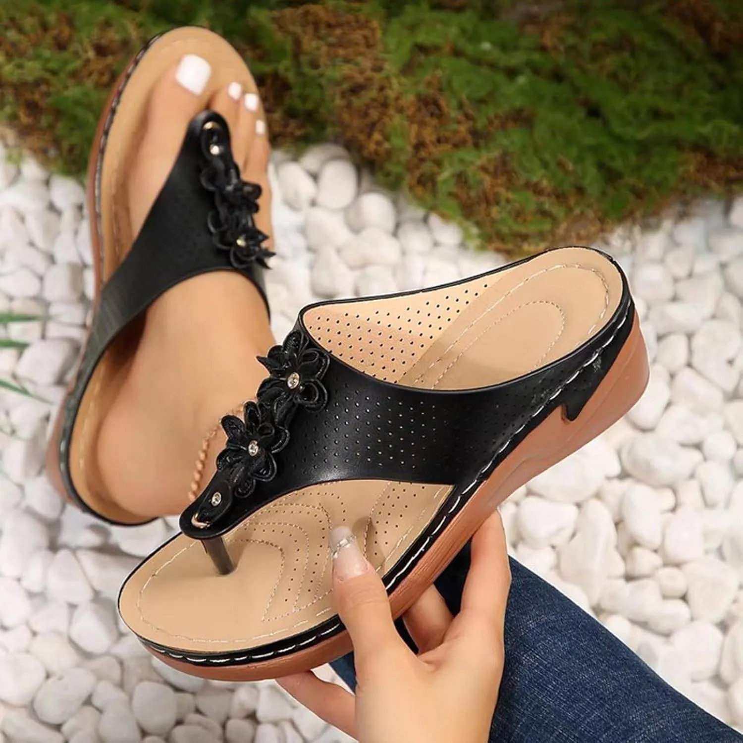 Orthopedic Sandals for Women Wide Width Comfort Orthotic Flip Flops with Arch Support Wedge Sandals Womens Walking Thong Sandals Fashion Slip on Beach Sandals Platform Sandals Dressy Summer