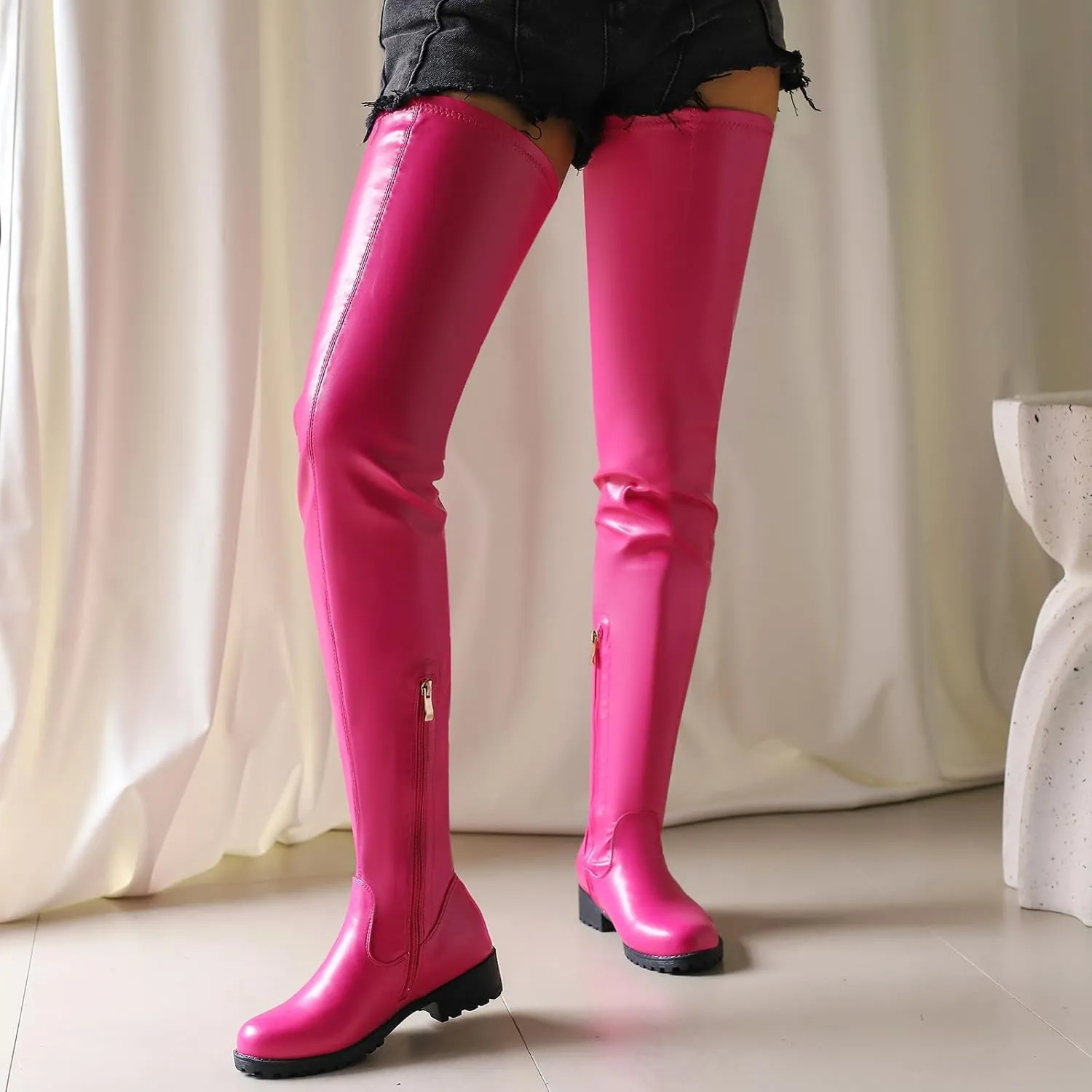 Over the Knee High Boots for Women Side Zipper Round Toe Low Chunky Heel Faux Leather Surgical Stretch Riding Thigh High Boots