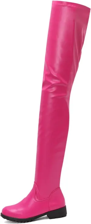 Over the Knee High Boots for Women Side Zipper Round Toe Low Chunky Heel Faux Leather Surgical Stretch Riding Thigh High Boots