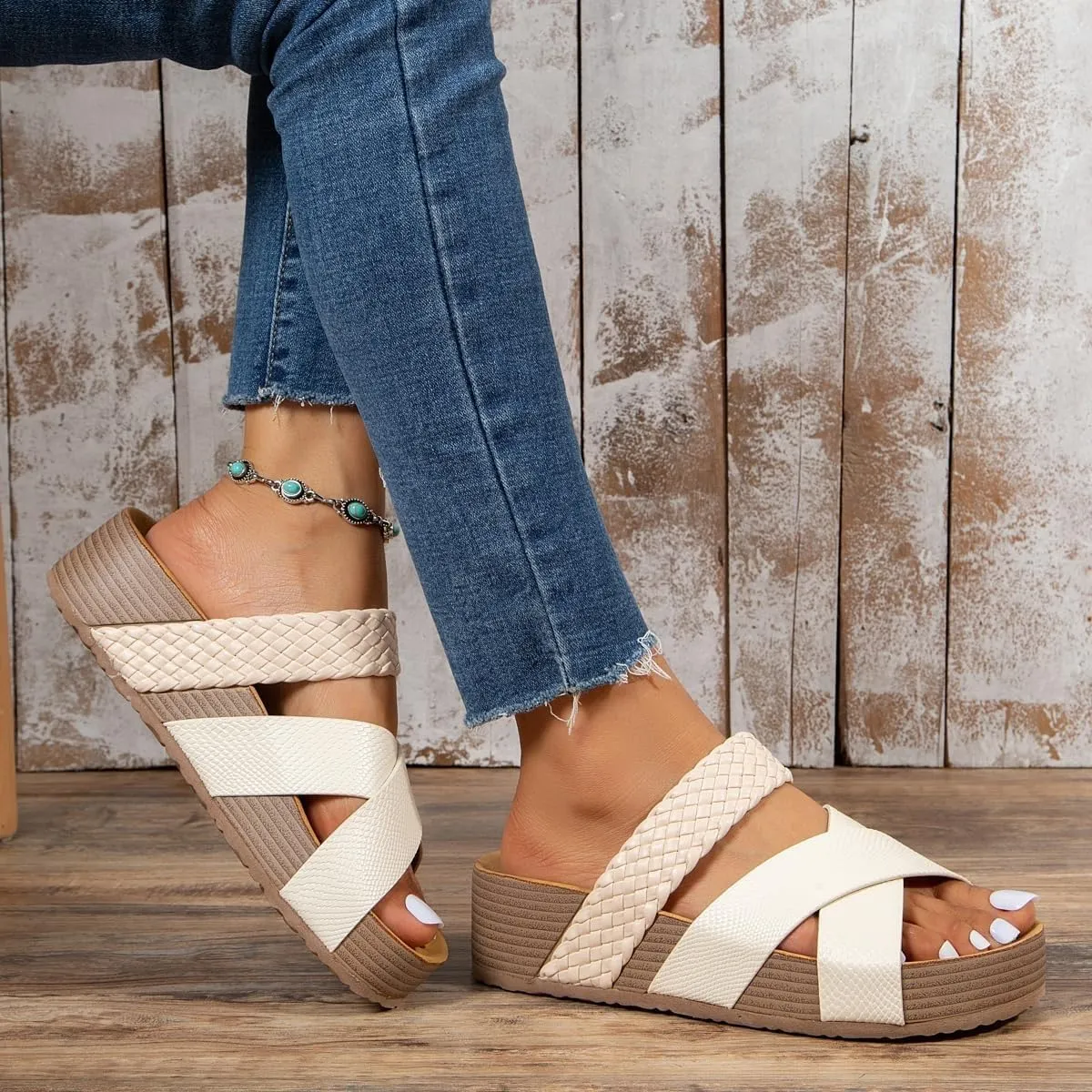 Platform Slide Sandals for Women 2025,Open Toe Slip on Woven Flat Sandals Leather,Casual Platform Wedges Slides,Casual Slippers with Arch Support Dressy Summer Comfortable Beach Shoes