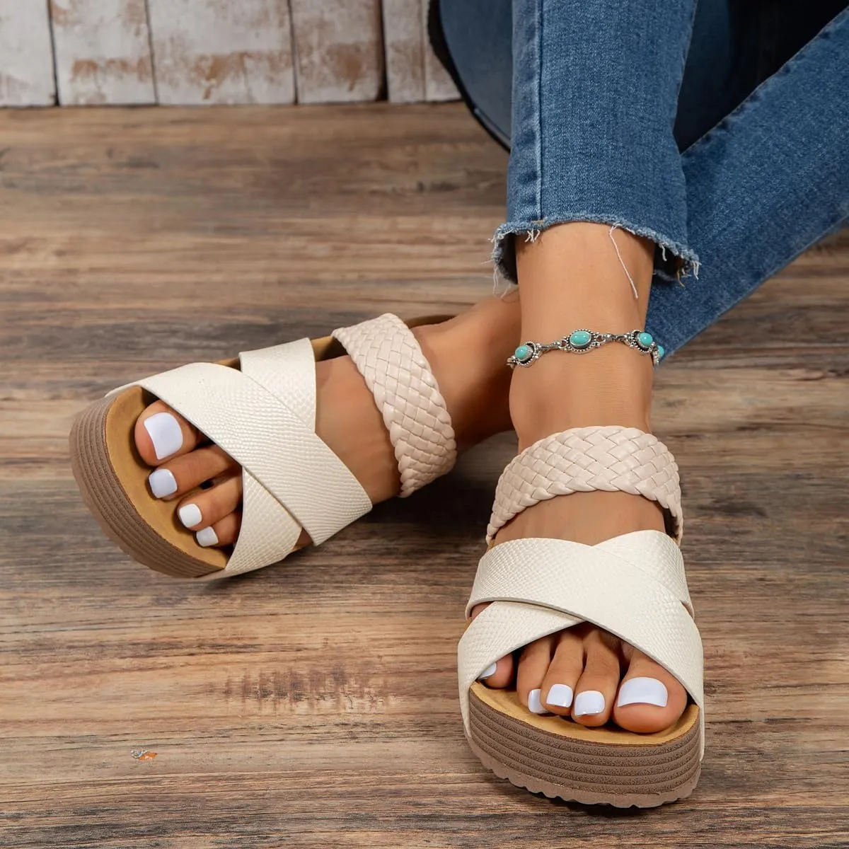 Platform Slide Sandals for Women 2025,Open Toe Slip on Woven Flat Sandals Leather,Casual Platform Wedges Slides,Casual Slippers with Arch Support Dressy Summer Comfortable Beach Shoes