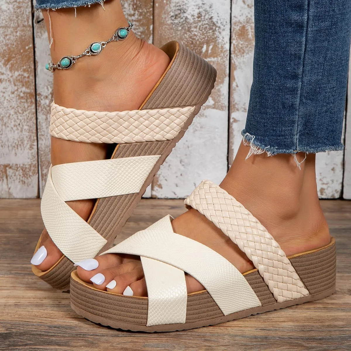 Platform Slide Sandals for Women 2025,Open Toe Slip on Woven Flat Sandals Leather,Casual Platform Wedges Slides,Casual Slippers with Arch Support Dressy Summer Comfortable Beach Shoes