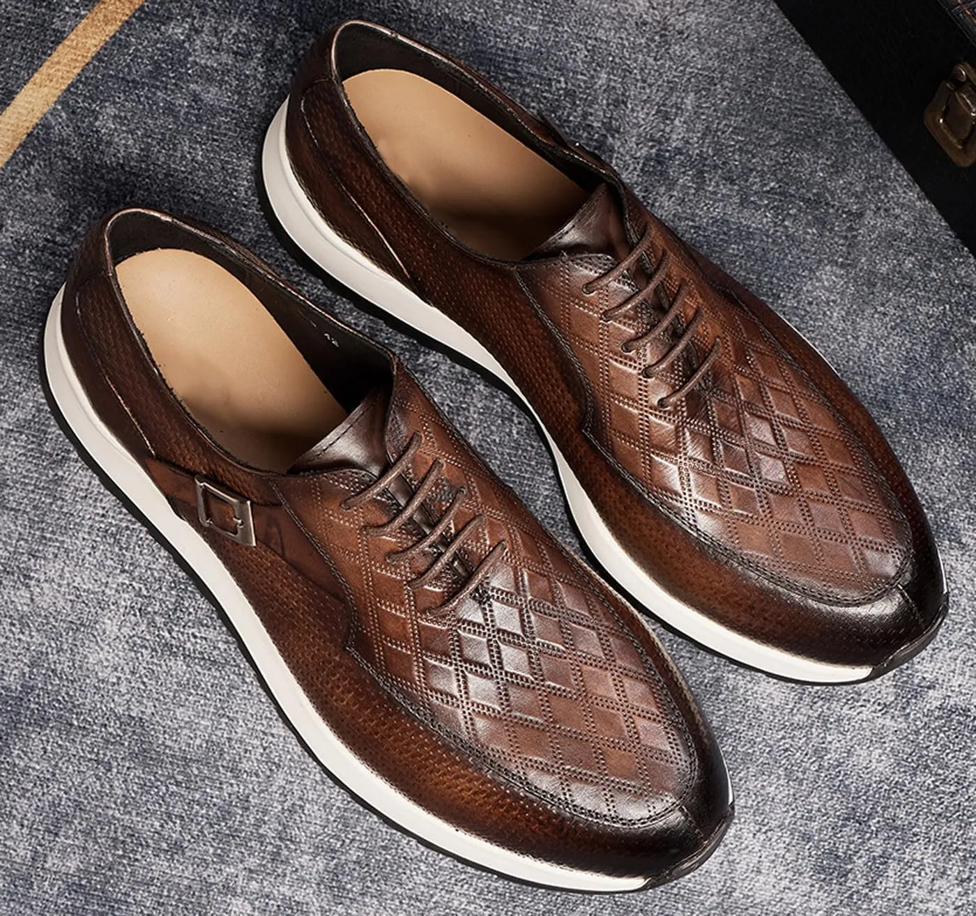 Santimon Mens Casual Shoes Fashion Sneakers Genuie Leather Prom Oxfords Shoes Business Casual Modern Derby Comfortable Walking Shoes for Men