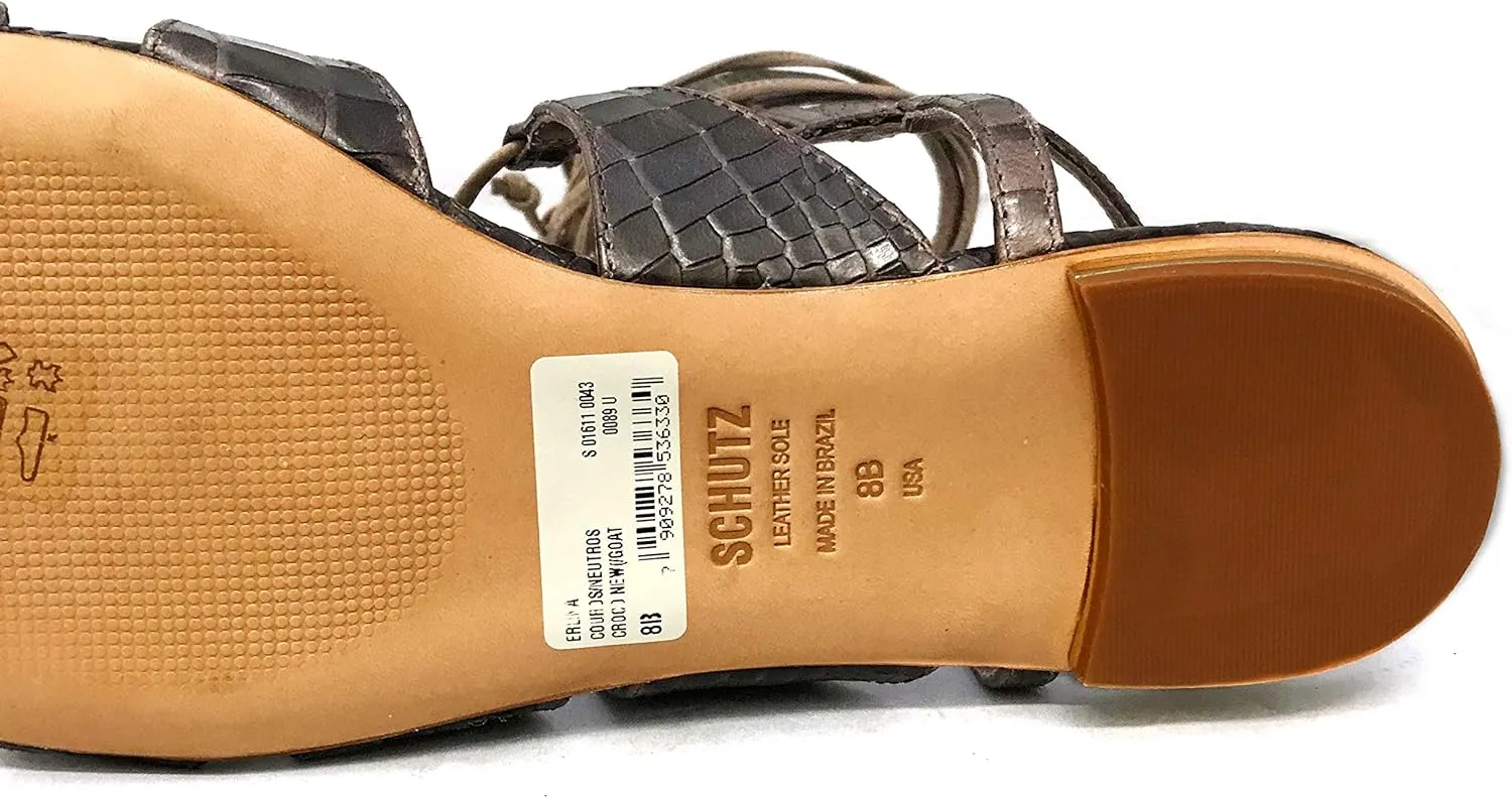 Schutz Erlina Goat Brown Croco Leather Flat Crisscross Straps Gladiator Sandals