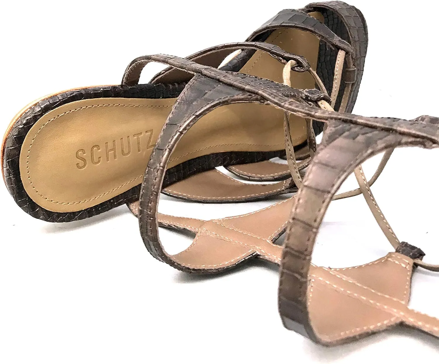 Schutz Erlina Goat Brown Croco Leather Flat Crisscross Straps Gladiator Sandals