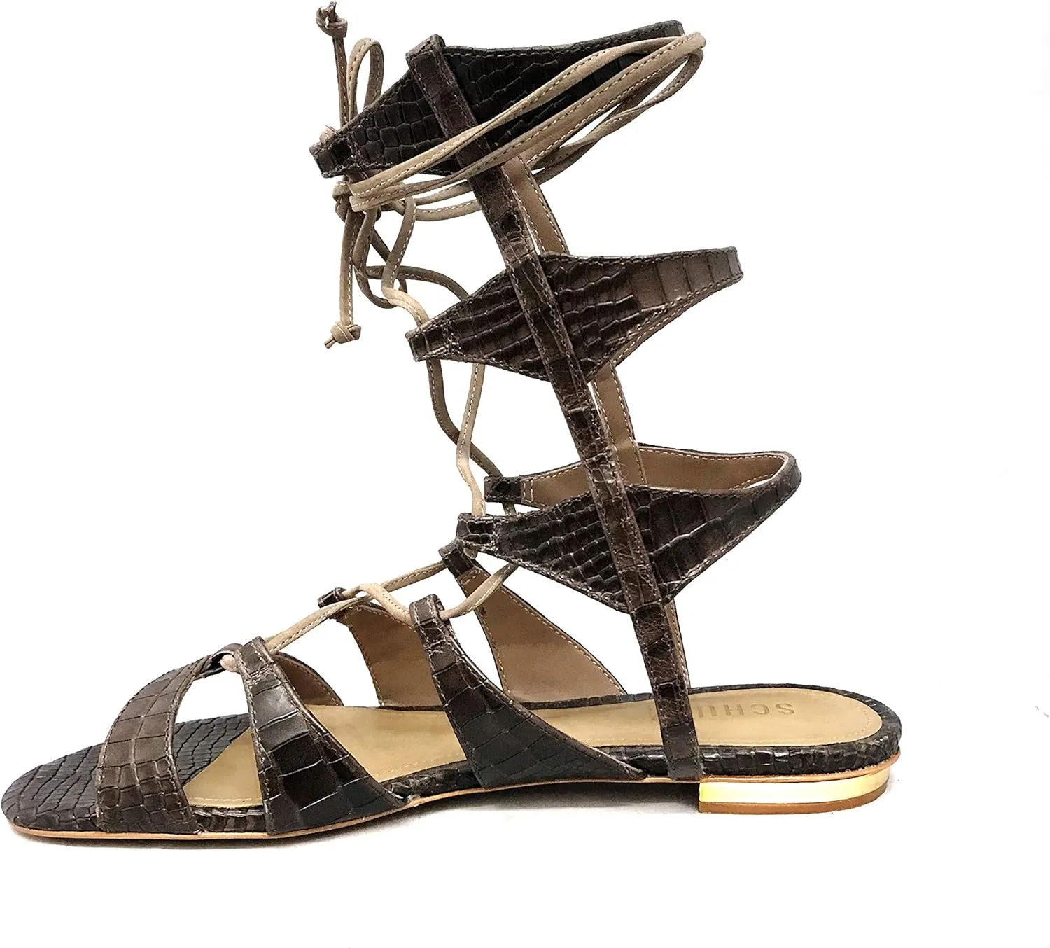 Schutz Erlina Goat Brown Croco Leather Flat Crisscross Straps Gladiator Sandals