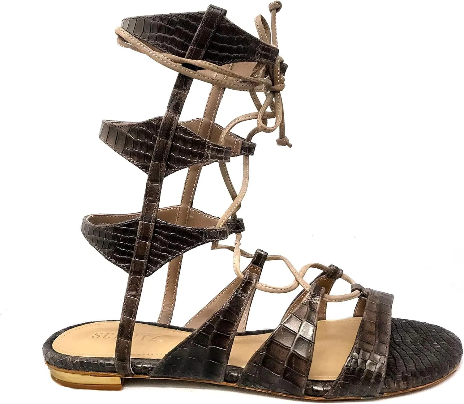 Schutz Erlina Goat Brown Croco Leather Flat Crisscross Straps Gladiator Sandals