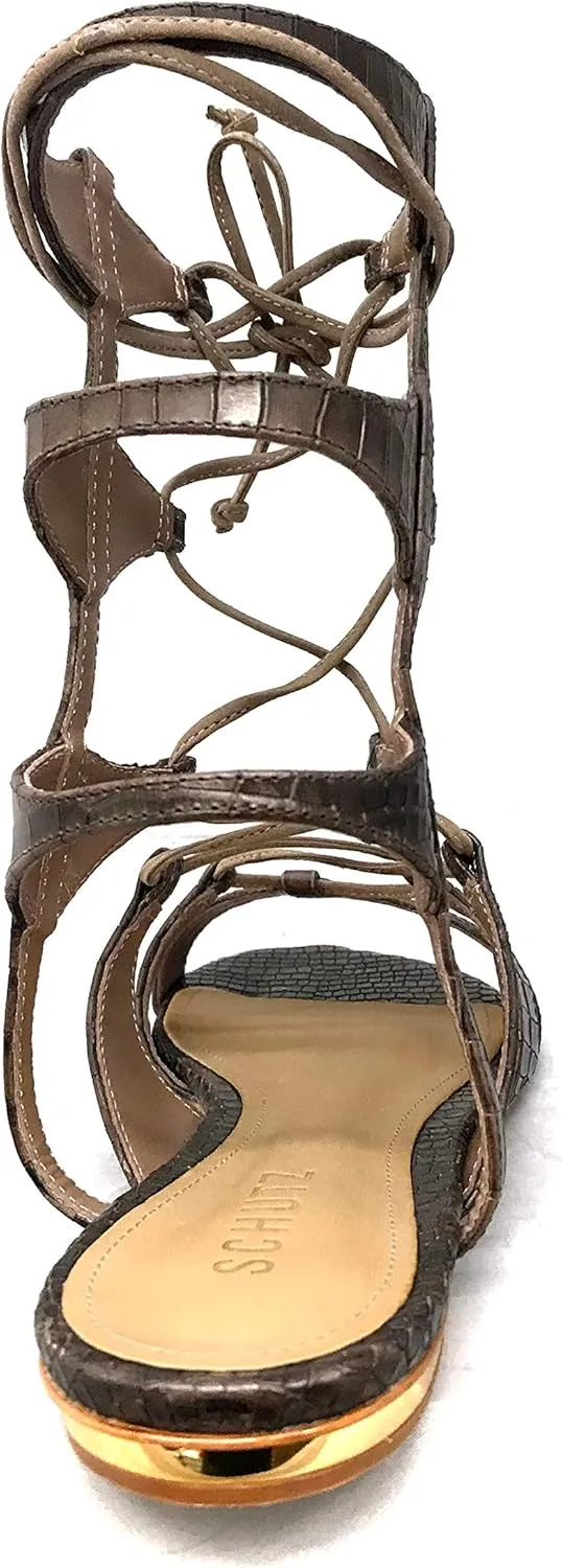 Schutz Erlina Goat Brown Croco Leather Flat Crisscross Straps Gladiator Sandals
