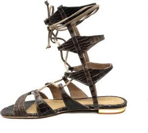 Schutz Erlina Goat Brown Croco Leather Flat Crisscross Straps Gladiator Sandals