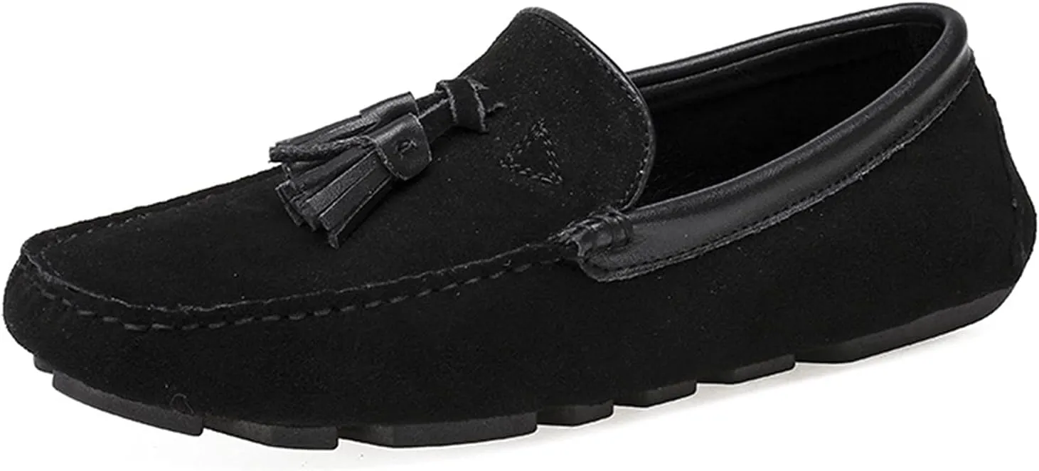 Shoes Smoking Loafer for Men Tassel Suede Vamp Genuine Leather Round Toe Soft Flat Heel Resistant Flexible Casual Slip On for Any Attire