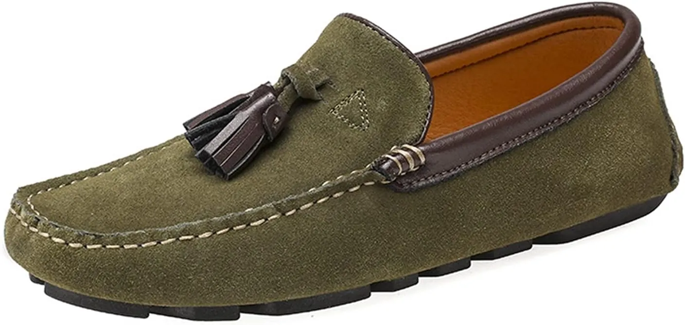 Shoes Smoking Loafer for Men Tassel Suede Vamp Genuine Leather Round Toe Soft Flat Heel Resistant Flexible Casual Slip On for Any Attire