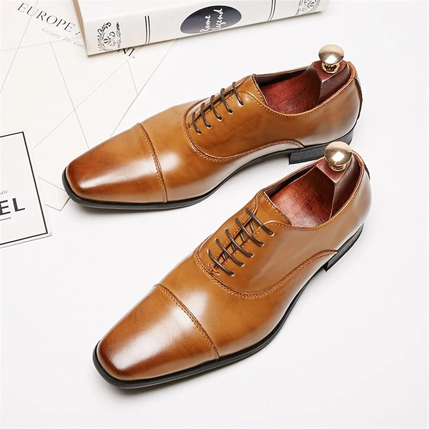 Single Season Oxford Shoes for Men Lace Up Cap Toe Burnished Toe Breathable Genuine Leather Slip Resistant Block Heel Low Top Non Slip Anti-Slip Prom Very Popular Among Young People