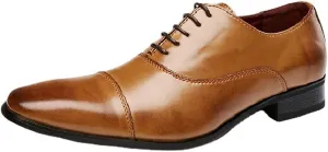 Single Season Oxford Shoes for Men Lace Up Cap Toe Burnished Toe Breathable Genuine Leather Slip Resistant Block Heel Low Top Non Slip Anti-Slip Prom Very Popular Among Young People