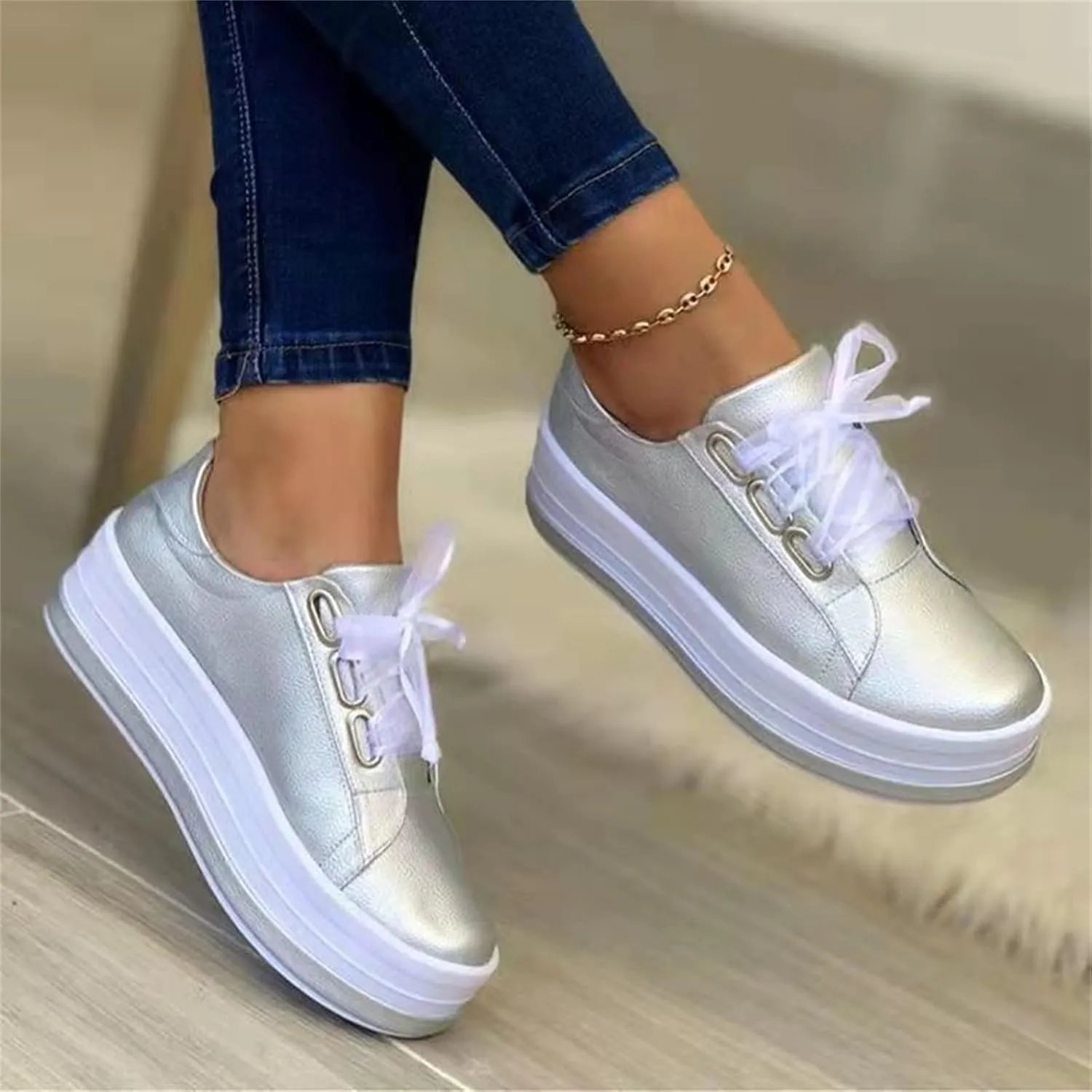 Slip On Shoes Women Casual Wide Women's Casual Lace Up Sneaker Dressy Summer Fashion Comfortable Low Top Slip On Cute Platform Walking Shoes Flats Loafers Sliver