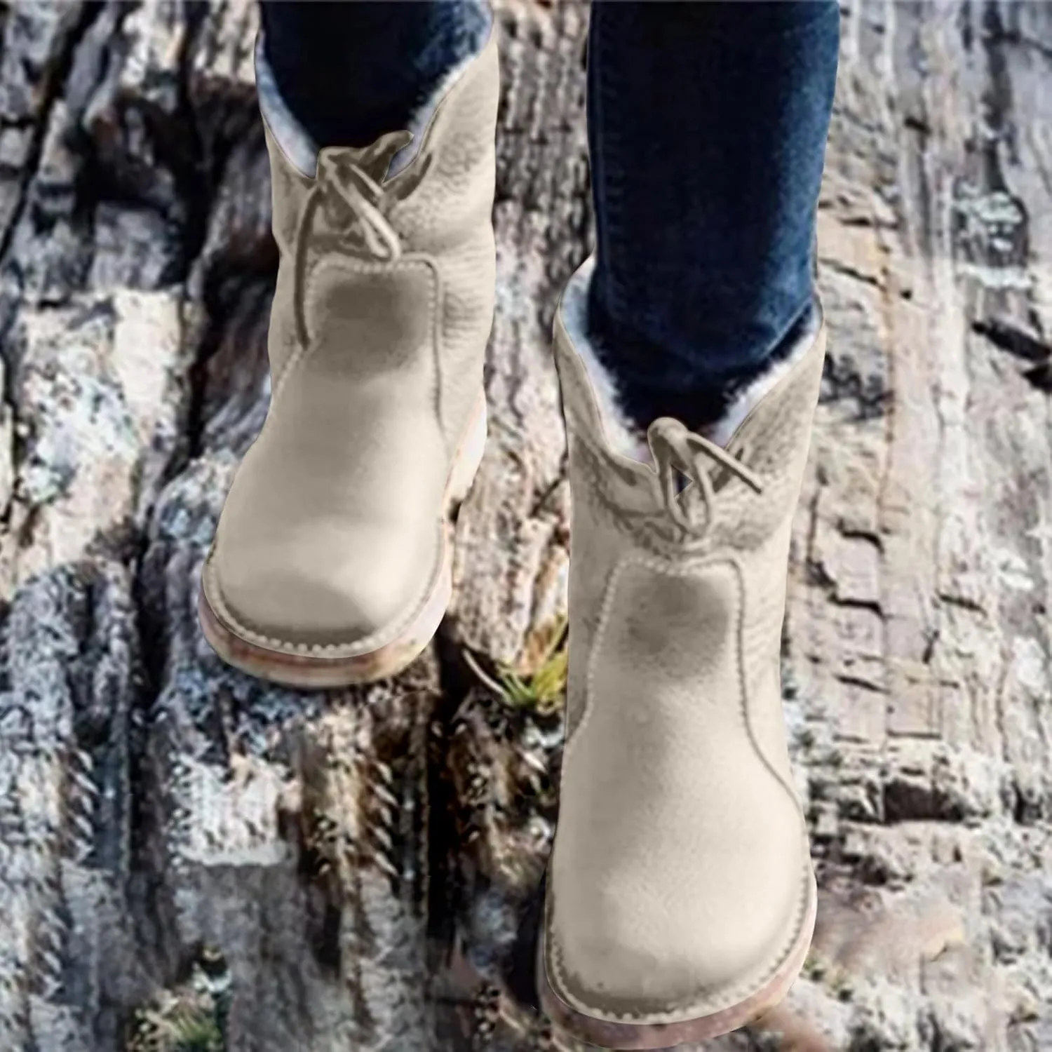 Snow Boots for Women Mid Calf,Warm Fur Lined Winter Boots Casual Lace Up Wide Calf Boots Waterproof Leather Boots