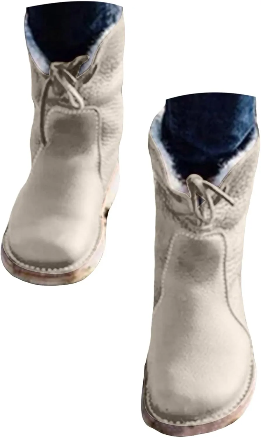 Snow Boots for Women Mid Calf,Warm Fur Lined Winter Boots Casual Lace Up Wide Calf Boots Waterproof Leather Boots