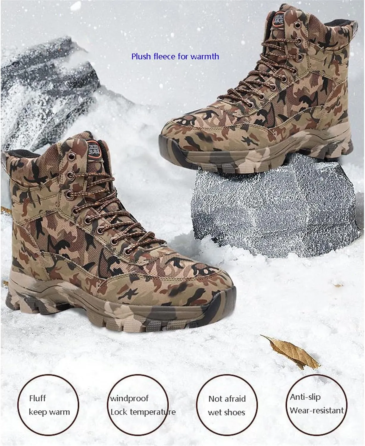 Snow Boots Mens, Men Camouflage Winter Warm Wool Lined High Top Snow Boots, Lace up Non Slip Durable Tactical Boots, for Work, Walking, Hiking, Outdoor Training