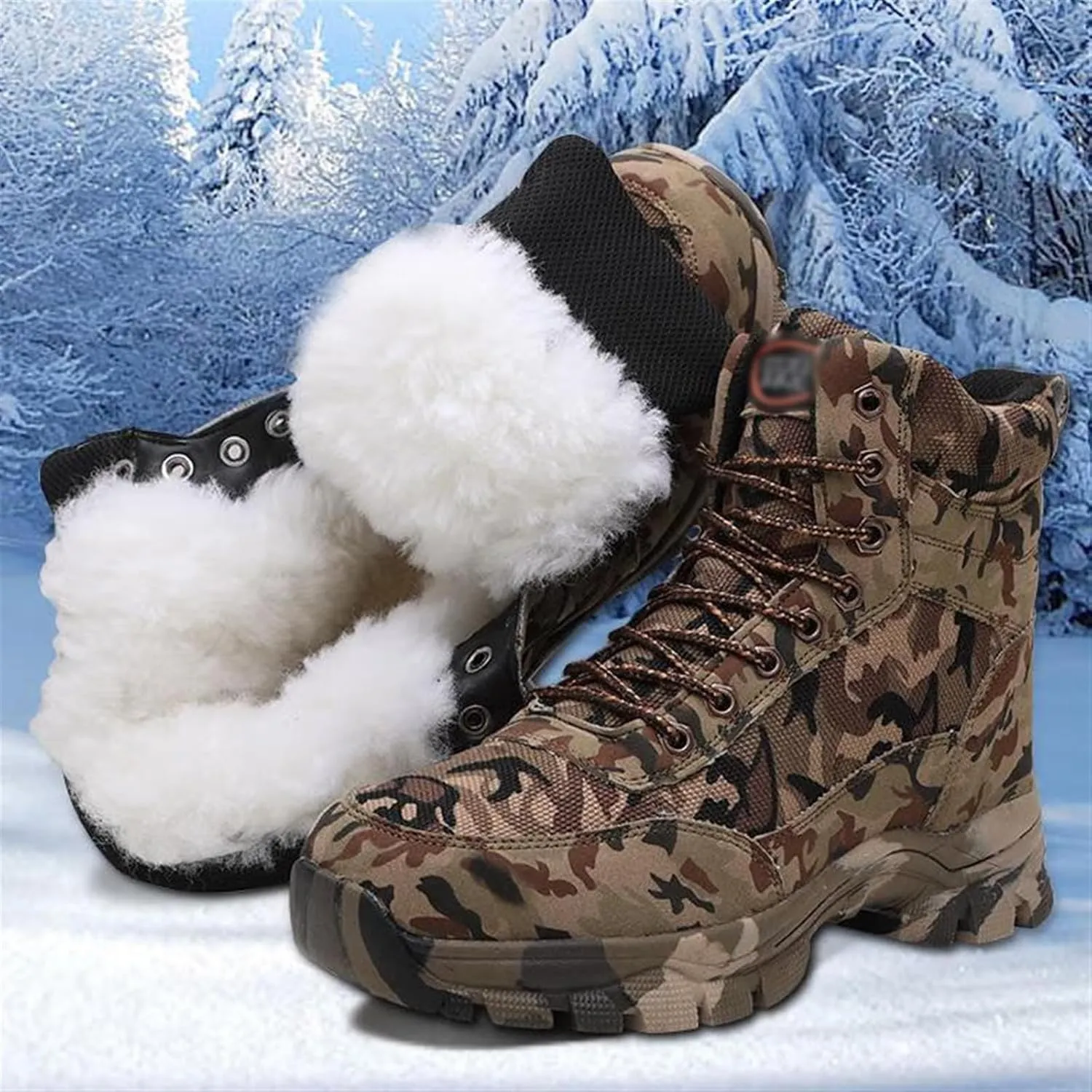 Snow Boots Mens, Men Camouflage Winter Warm Wool Lined High Top Snow Boots, Lace up Non Slip Durable Tactical Boots, for Work, Walking, Hiking, Outdoor Training