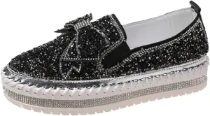 Thick Soft Platform Loafers for Women Sparkly Rhinestone Bow Decoration Single Shoes Elegant Banquet Casual Shoes Canvas