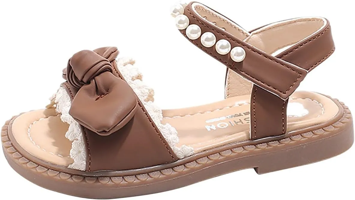 Toddler Girls Fashion Summer Bow Pearl Soft Sole Sandals Cork Travel Eva Lace Pearl Decoration Outdoor Shoes