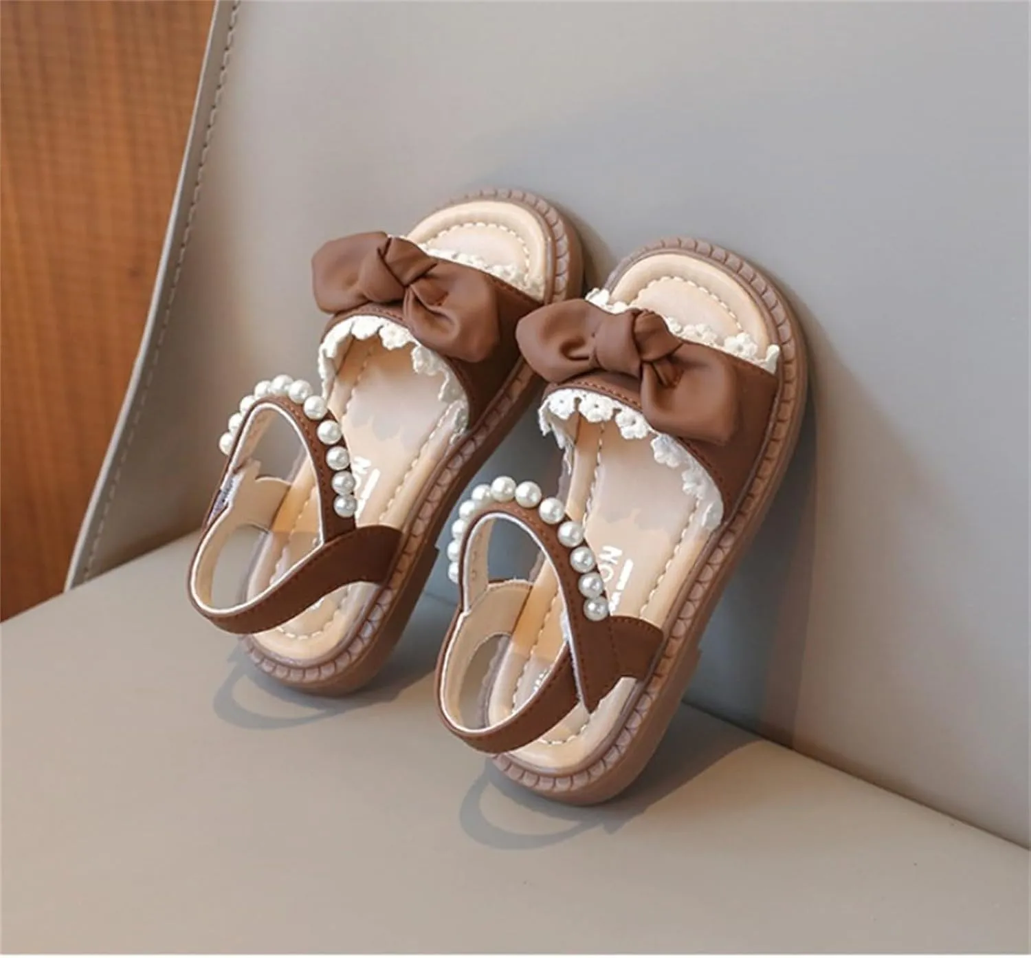 Toddler Girls Fashion Summer Bow Pearl Soft Sole Sandals Cork Travel Eva Lace Pearl Decoration Outdoor Shoes