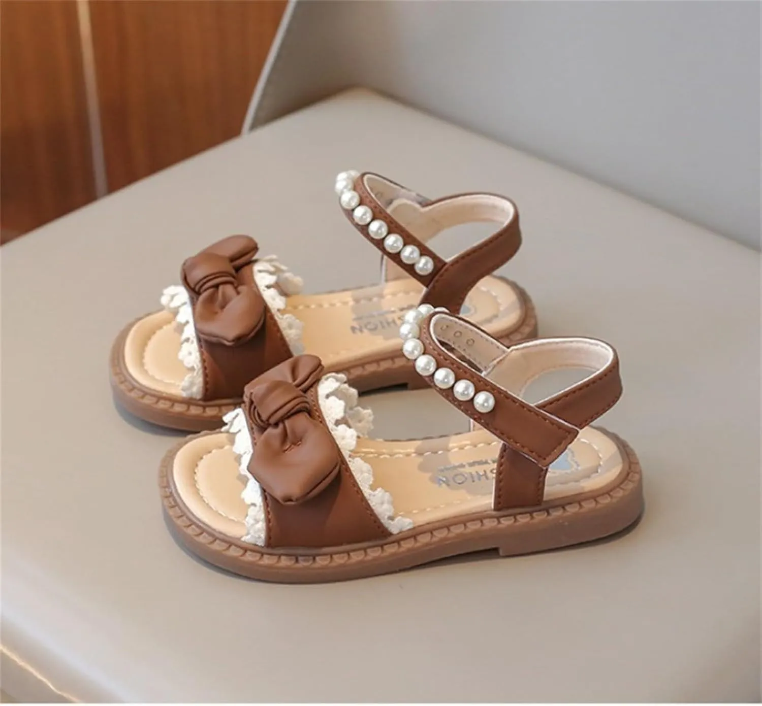 Toddler Girls Fashion Summer Bow Pearl Soft Sole Sandals Cork Travel Eva Lace Pearl Decoration Outdoor Shoes