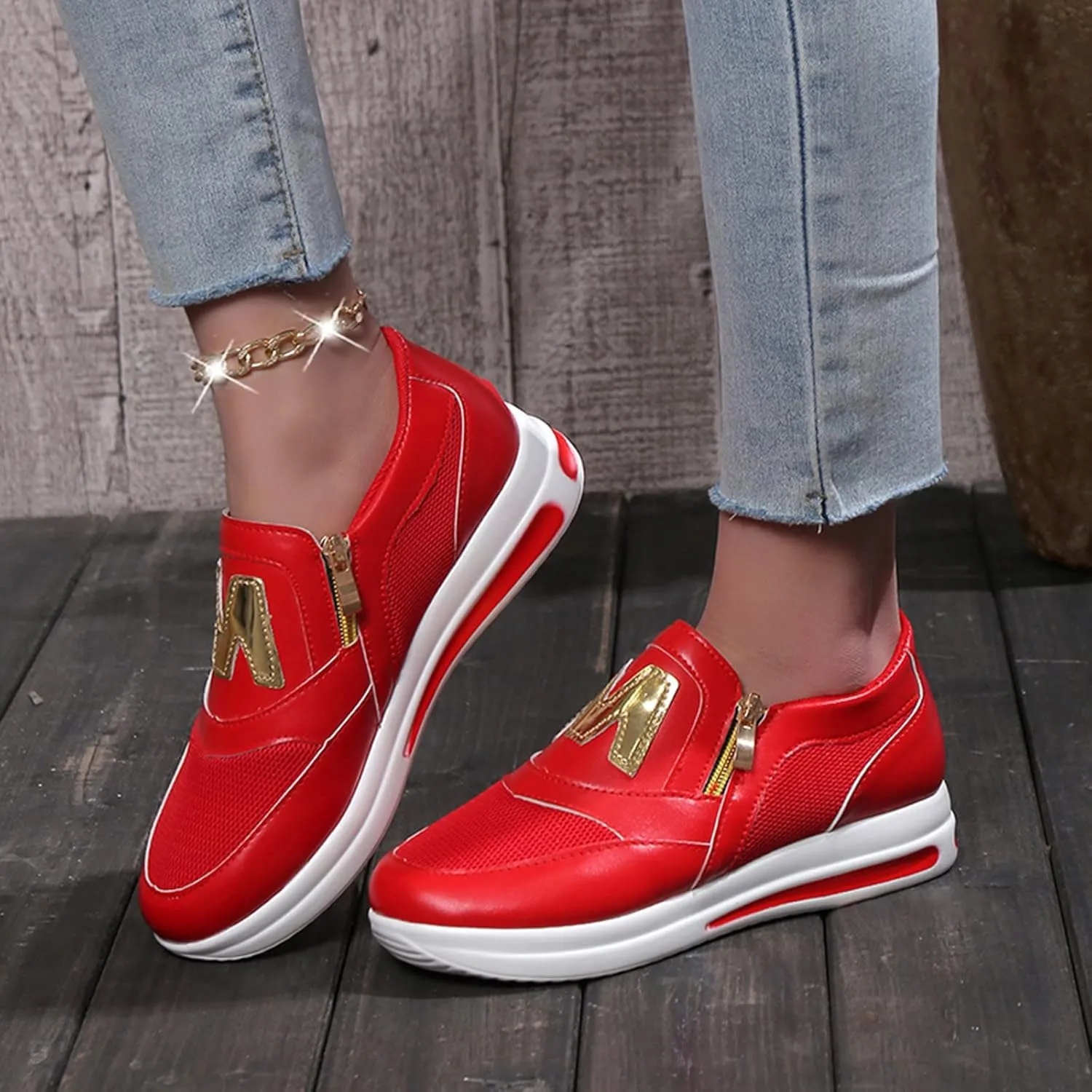 Trainers Women, Casual Breathable Slip On Shoes Side Zipper Thick Sole Sports Sneaker Wedges for Womens