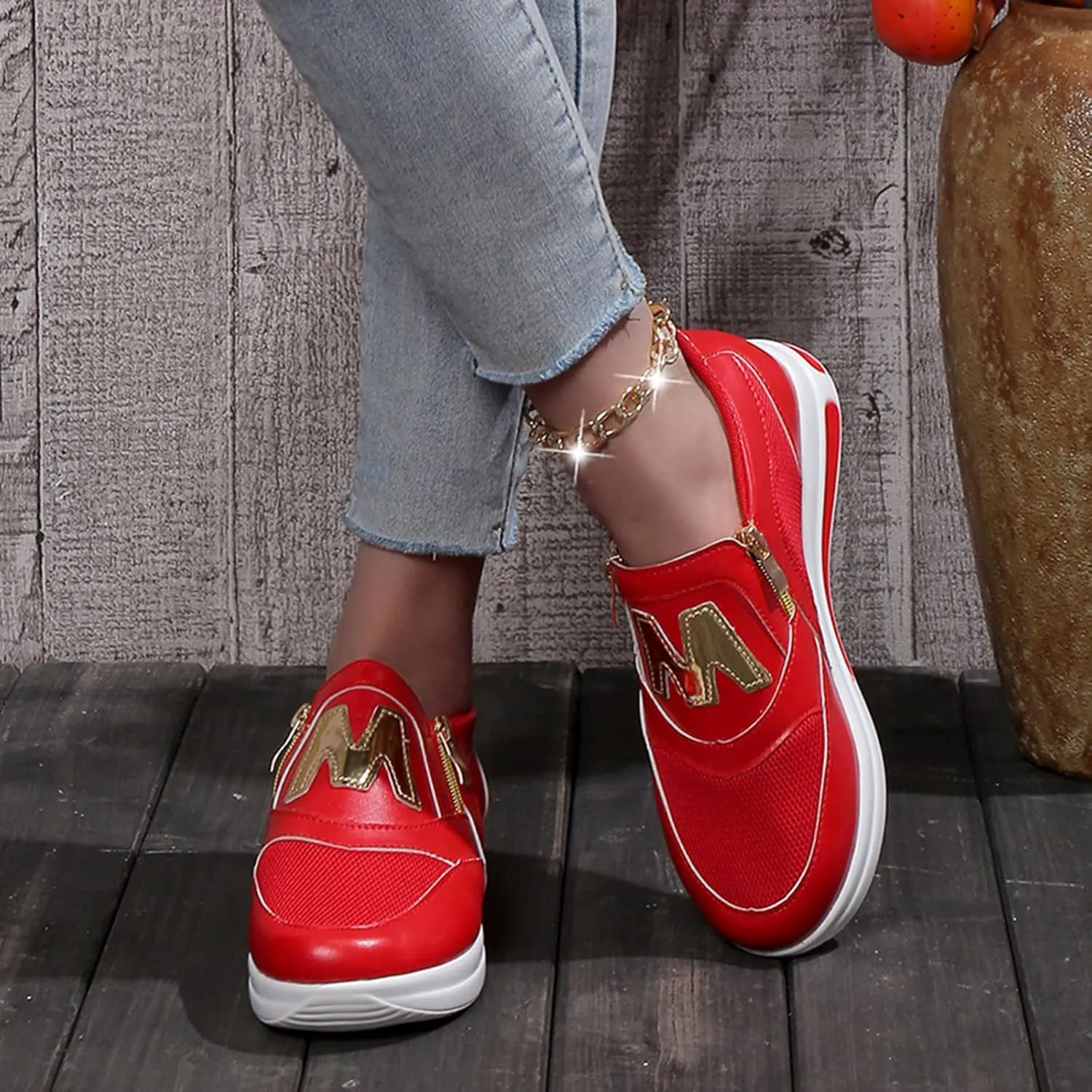 Trainers Women, Casual Breathable Slip On Shoes Side Zipper Thick Sole Sports Sneaker Wedges for Womens