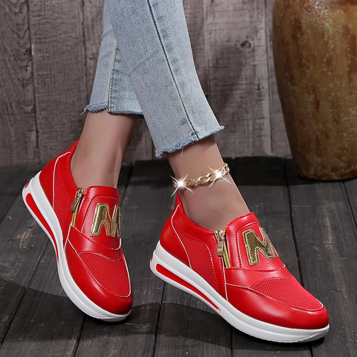 Trainers Women, Casual Breathable Slip On Shoes Side Zipper Thick Sole Sports Sneaker Wedges for Womens