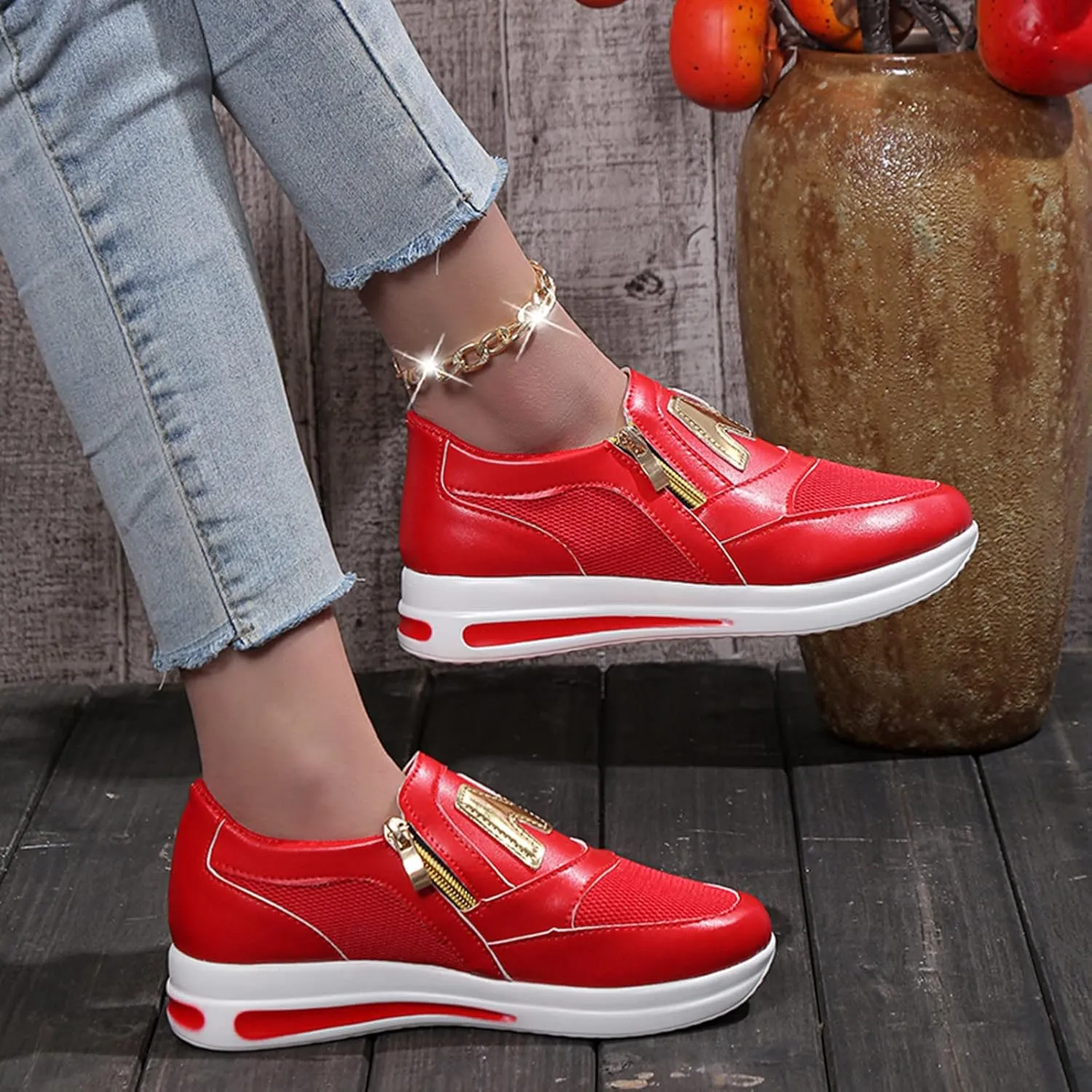 Trainers Women, Casual Breathable Slip On Shoes Side Zipper Thick Sole Sports Sneaker Wedges for Womens