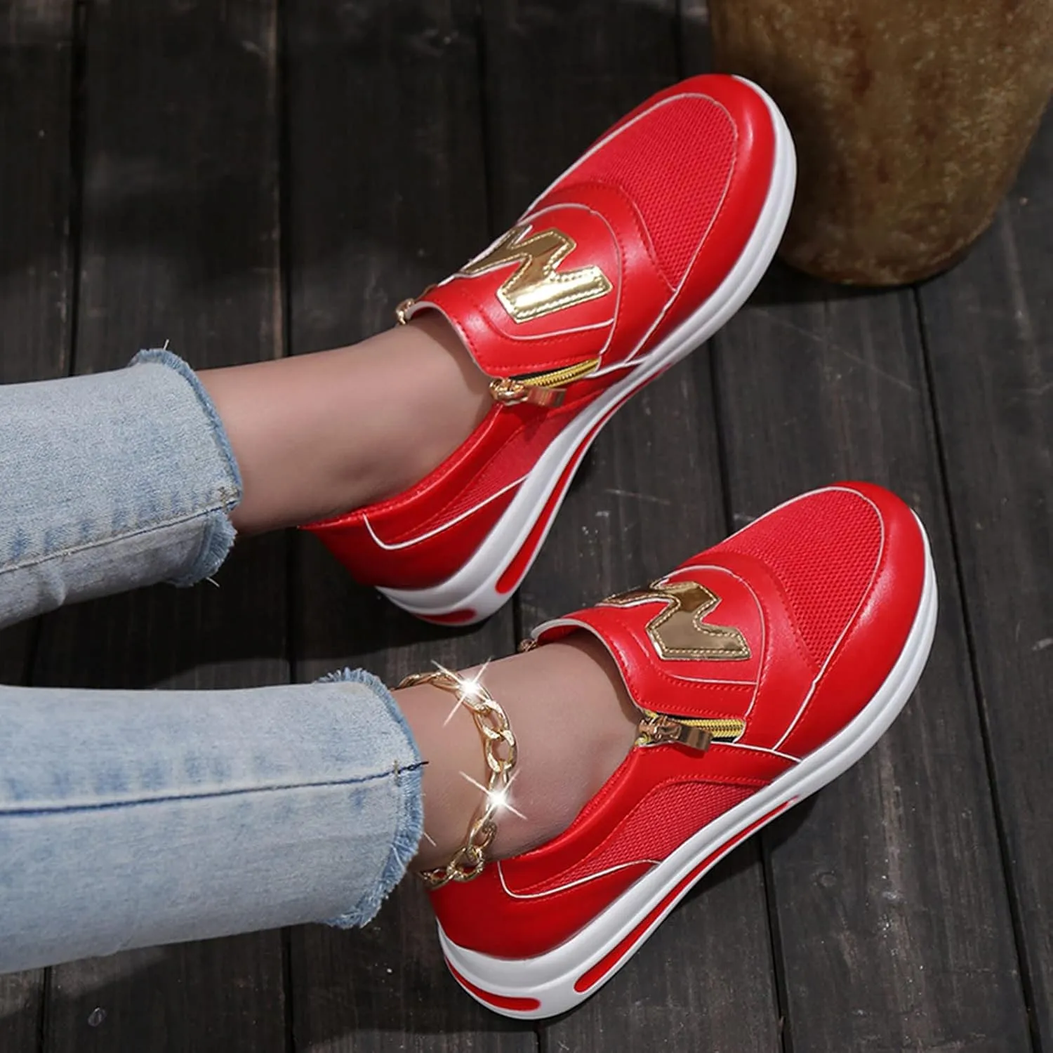 Trainers Women, Casual Breathable Slip On Shoes Side Zipper Thick Sole Sports Sneaker Wedges for Womens