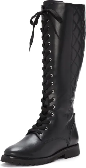 Vince Camuto Vicintia Black Lace Up Quilted Knee High Moto Combat Riding Boot (Black, 8)