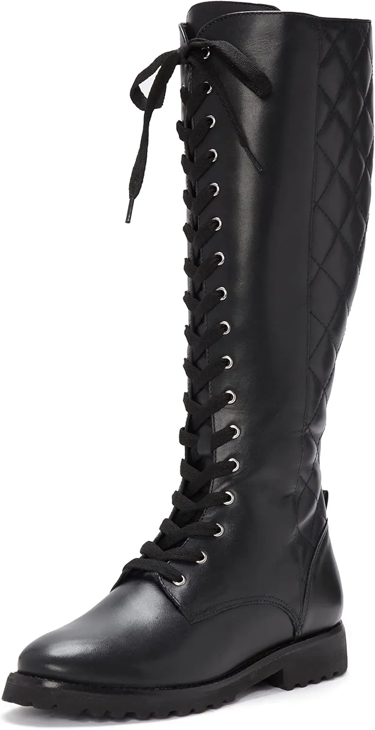 Vince Camuto Vicintia Black Lace Up Quilted Knee High Moto Combat Riding Boot (Black, 8)