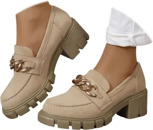 Vintage Platform Loafers for Women Comfort Chunky Heel Slip On Round Toe Business Work Shoes