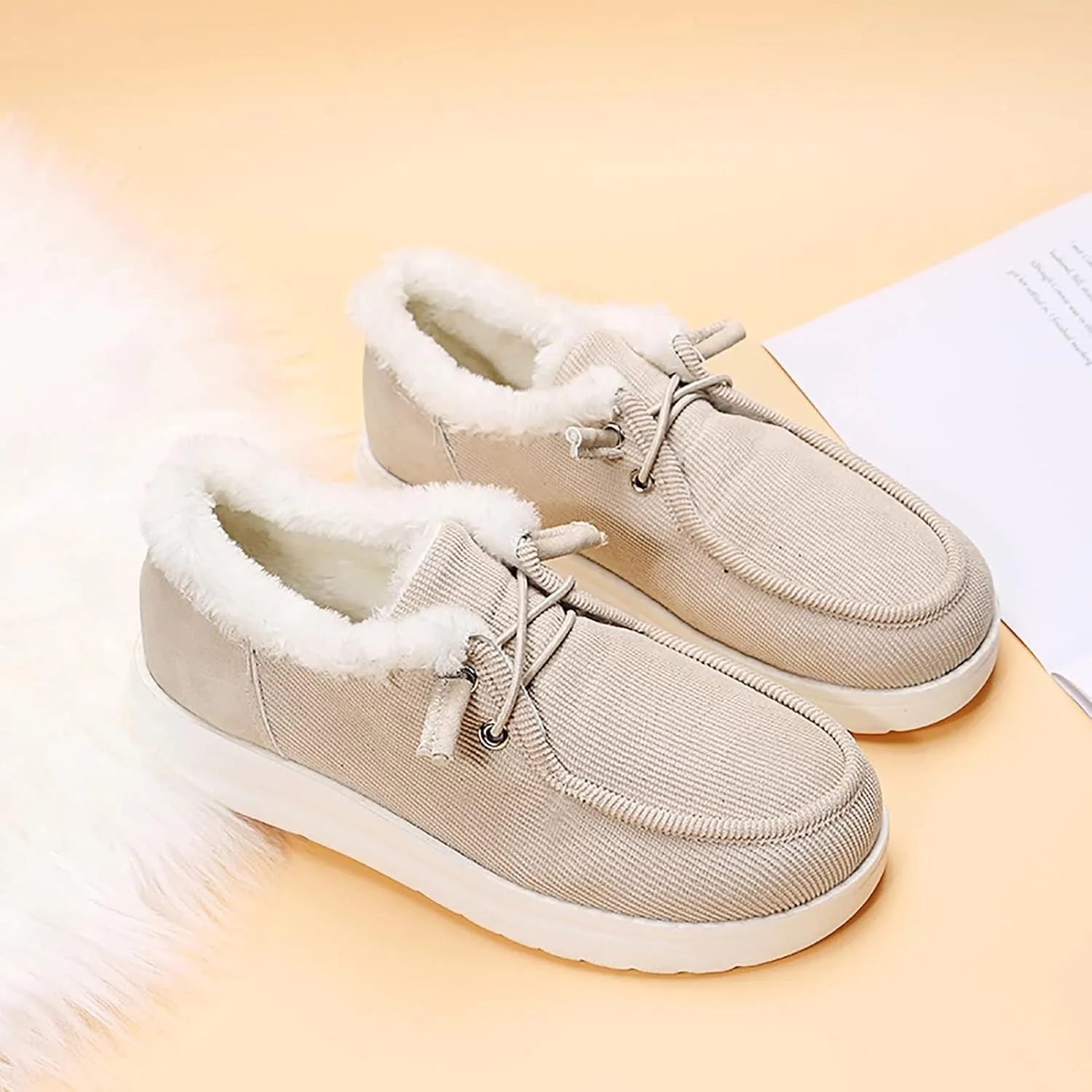 Winter Fur Lined Loafers for Womens Casual Canvas Slip on Soft Lightweight Flats Comfort Elastic Lace up Low Top Boat Shoes