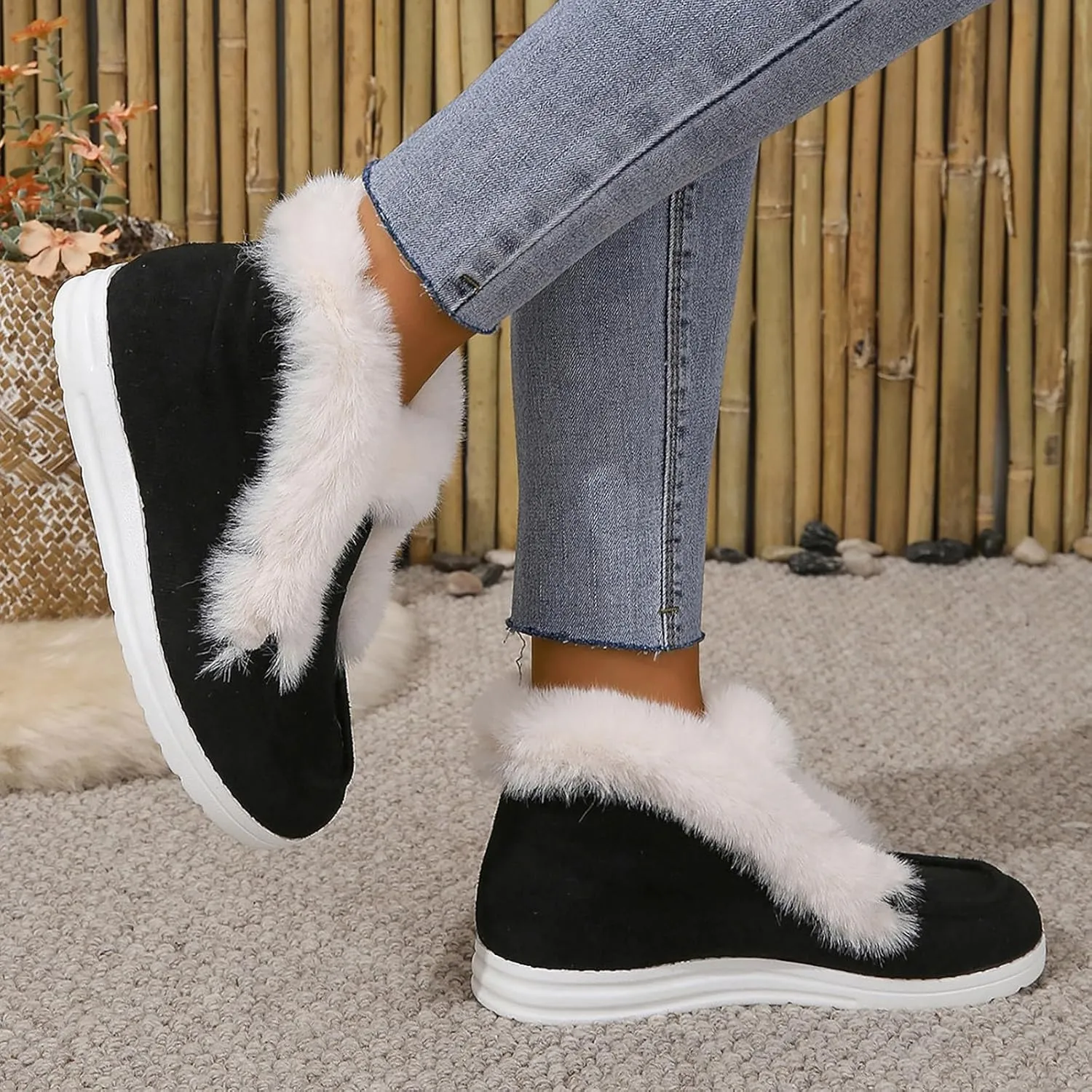 Winter Shoes Women Fleece Lined Low-Top Slip Ons Comfortable Flats Fur Lace Up Loafers Casual Canvas Sneakers
