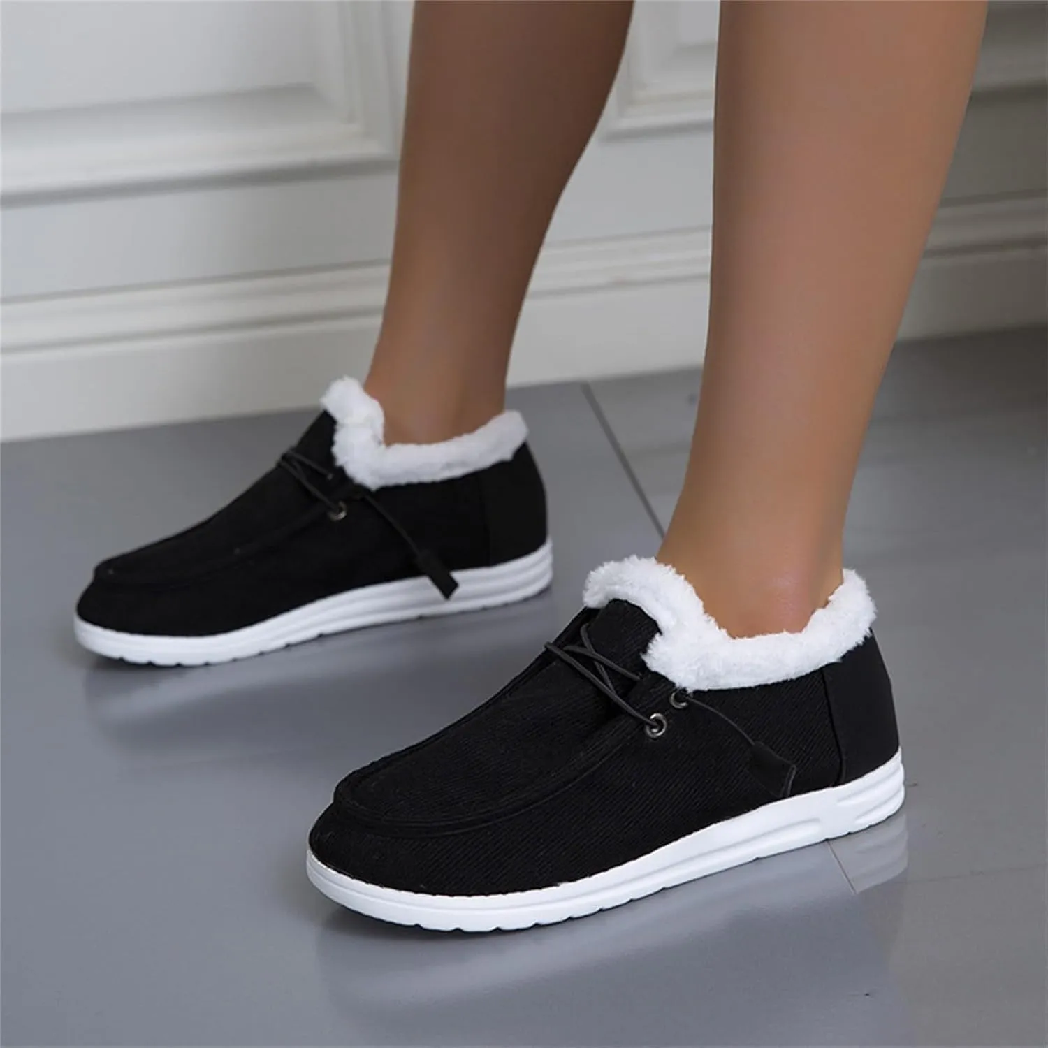 Winter Shoes Women Fleece Lined Low-Top Slip Ons Comfortable Flats Fur Lace Up Loafers Casual Canvas Sneakers