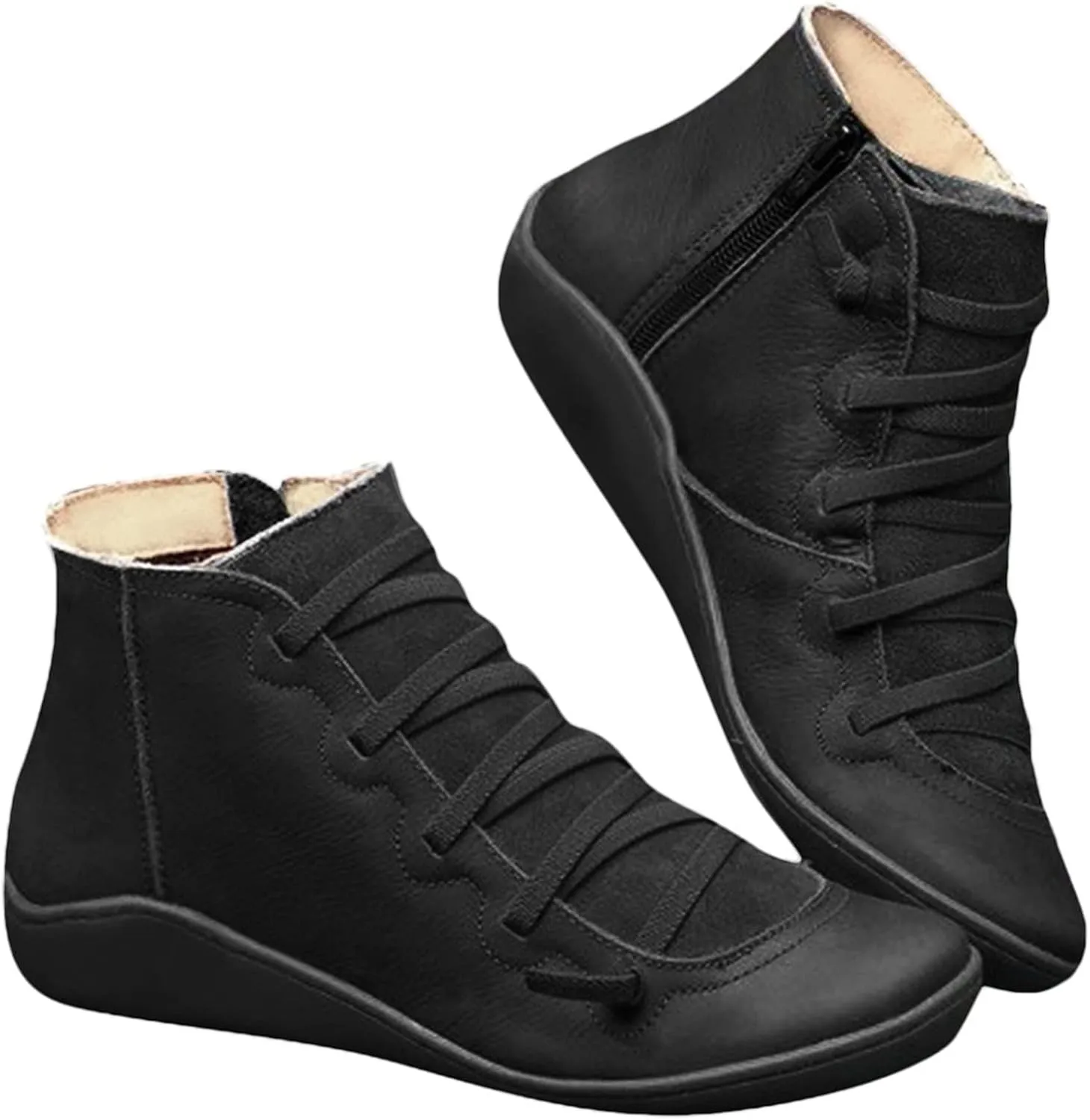 Women Casual Flat Booties Shoes Lace Up Comfort Walking Boots Solid Leather Ankle Bootie Lightweight Sneakers