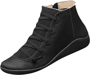 Women Casual Flat Booties Shoes Lace Up Comfort Walking Boots Solid Leather Ankle Bootie Lightweight Sneakers