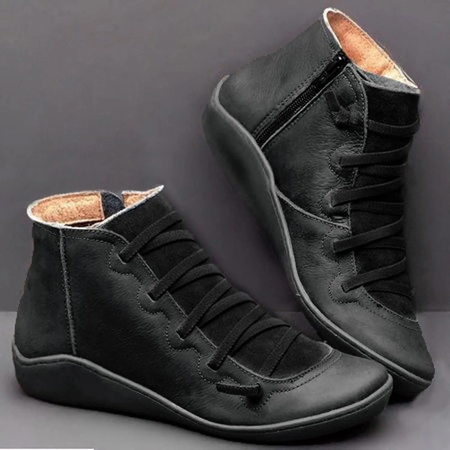 Women Casual Flat Booties Shoes Lace Up Comfort Walking Boots Solid Leather Ankle Bootie Lightweight Sneakers