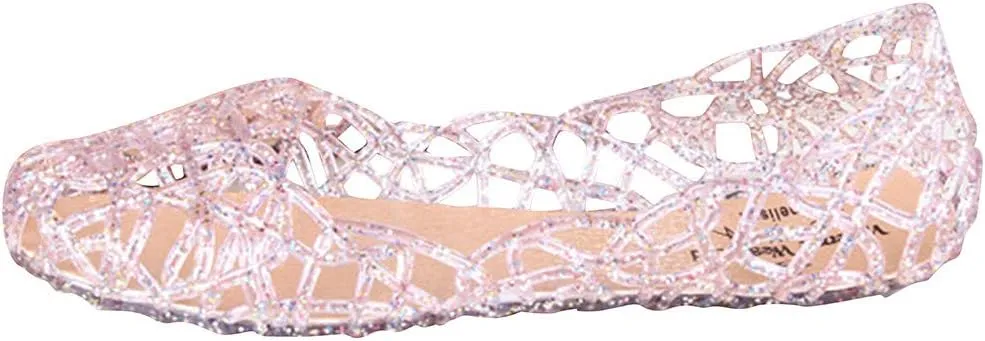 Women Flat Heel Summer Beach Jelly Shoes Slip On Crystal Summer Soft Hollow Ballet Flat Casual Summer Sandals (Pink, 7.5)