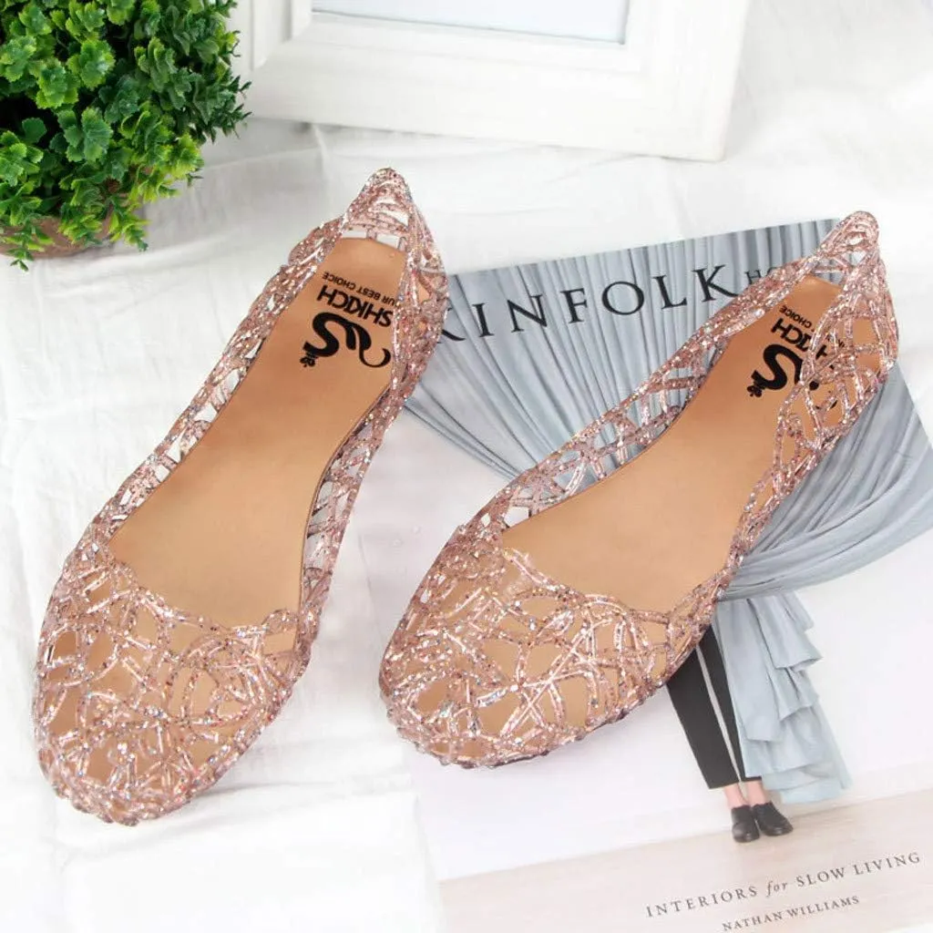 Women Flat Heel Summer Beach Jelly Shoes Slip On Crystal Summer Soft Hollow Ballet Flat Casual Summer Sandals (Pink, 7.5)