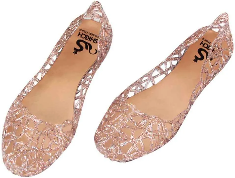 Women Flat Heel Summer Beach Jelly Shoes Slip On Crystal Summer Soft Hollow Ballet Flat Casual Summer Sandals (Pink, 7.5)