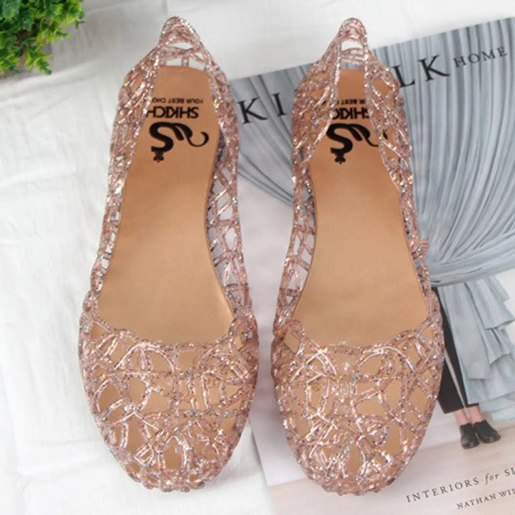 Women Flat Heel Summer Beach Jelly Shoes Slip On Crystal Summer Soft Hollow Ballet Flat Casual Summer Sandals (Pink, 7.5)