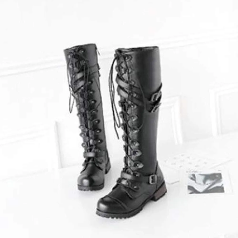 Women PU Leather Knee Boots, Strappy Lace-up Gothic Vintage Punk Buckle Military Combat Stacked Heel Boot Shoes Knee-High Boots